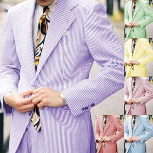 Seersucker Men's Suits Summer Wear Single Breasted Notch Lapel Groom Tuxedos - Picture 1 of 24