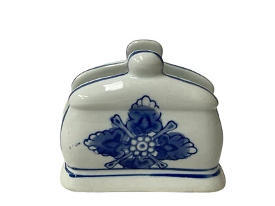 PORTATOVAGLIOLI IN CERAMICA BIANCA E BLU PORTA TOVAGLIOLO CARTA CM 11X9,5X4,5 - Immagine 1 di 2