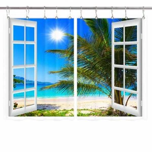 Fun 3D Beach Kitchen Curtains Window Drapes 2 Panel Set with Gliders Hooks - Picture 1 of 9