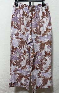 Women Linen Medium Lilac Brown Tropical Pants Wide Leg Elastic Waist New NWT - Picture 1 of 5
