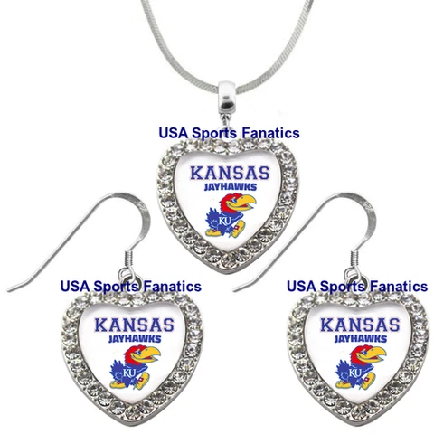 Kansas Jayhawks 925 Necklace / Earrings or Set Team Heart With Rhinestones Cover