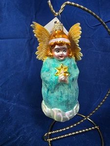 Rare Christopher Radko Blue Green Angel Cherub Gold Paper Wings Ornament Q - Picture 1 of 4