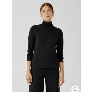 Eileen Fischer Fine Jersey Scrunch Neck Black Top Sz Petite Large - Picture 1 of 9