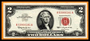 Billete de 2 dólares serie 1963 sello rojo A-A Estados Unidos en estado bastante bueno/XF Estados Unidos - Imagen 1 de 2
