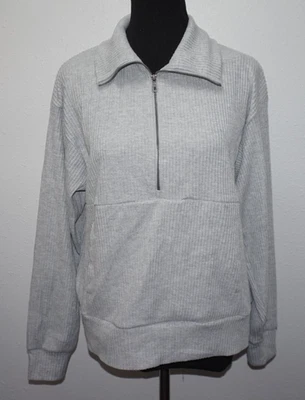 Avia 1/2 Zip Kangaroo Pocket Heather Gray Ribbed Top Shirt Womans Sz S Relaxed - Image 1 of 4