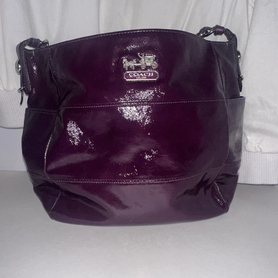 COACH MADISON TRIBECA PURPLE PLUM Patent LEATHER HOBO Signature PURSE BAG Tote  - Image 1 of 4