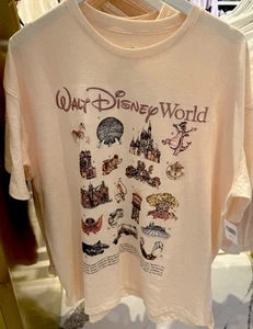 Disney Parks 2025 WDW Attractions T Shirt Large Icons Parks Embroidered Cream - Picture 1 of 3