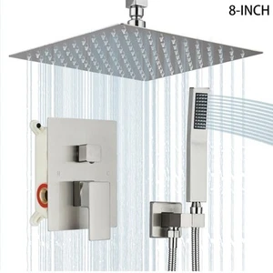 8 inch Brushed Nickel Shower Head Combo Rainfall Shower Faucet Set Ceiling Mount - Picture 1 of 16