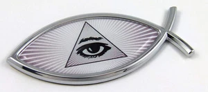 All Seeing eye Masonic Jesus Fish Car bike Auto Chrome Emblem Decal Sticker - Foto 1 di 2