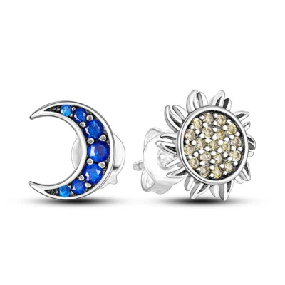 MULA Original Sonne Mond Ohrstecker Blau CZ Frauen Schmuck 925 Sterling Silber - Bild 1 von 4