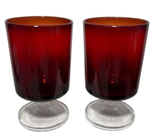 Vintage French Ruby Red Stemmed Glasses Set Of 2 With Clear Bases - Picture 1 of 6