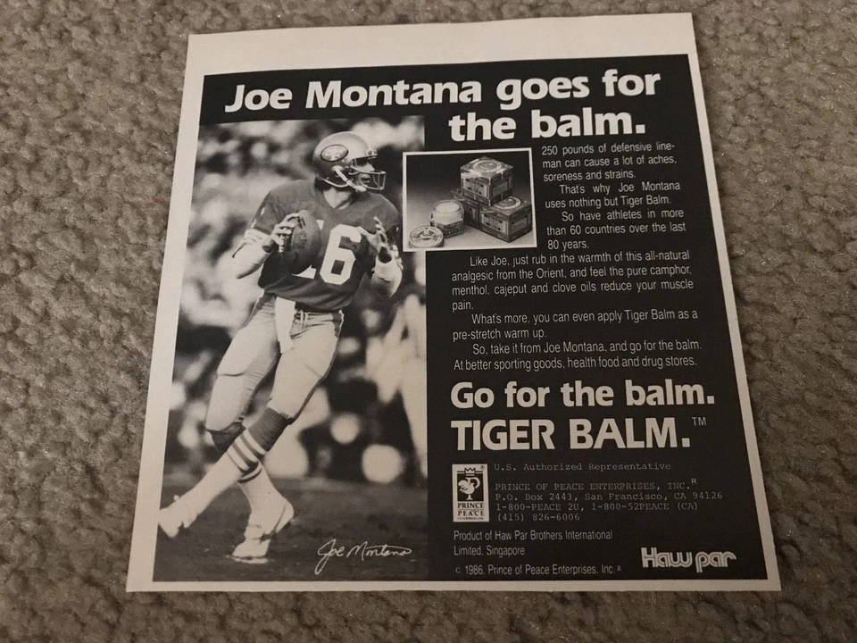 Anuncio impreso vintage 1987 Joe Montana Tiger Balm años 80 49ERS NINERS Foto 1 de 1