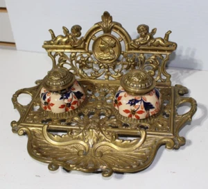 Antique Ornate Brass Elizabethan Inkwell with Porcelain Ink Holders - RDO 14904 - Picture 1 of 21