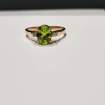 14k Yellow Gold Natural Green Peridot and Diamonds Solitaire Women Wedding Ring - Image 1 of 4