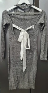 Womens Grey Ribbed Knit Mini Bodycon Dress Tie Back Long Sleeve Melange Size One - Picture 1 of 11