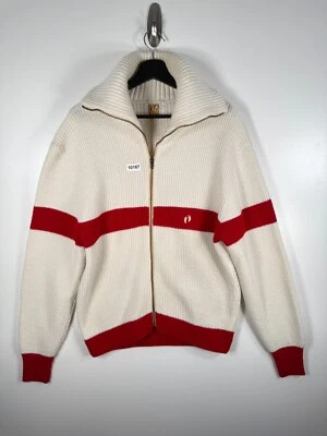 Suéter De Colección Hangten Unisex Cremallera Completa Cuello Simulado Tejido Blanco Rojo Talla Grande 22x27 Foto 1 de 4