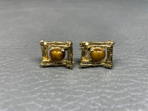 Vintage Bamboo Picture Frame Tiger's Eye Yellow Gold Plated Cuff Links