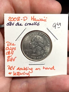 2008 D United States 25 Cents Hawaii Error Coin - Die Chips, Cracks, Doubling - Picture 1 of 2