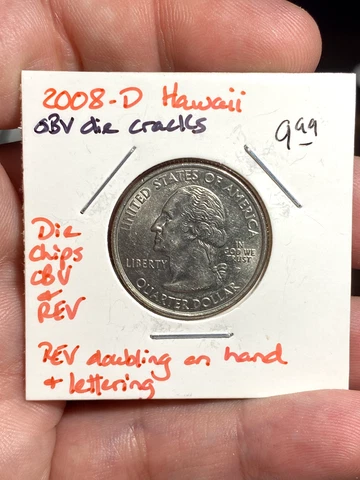 2008 D United States 25 Cents Hawaii Error Coin - Die Chips, Cracks, Doubling Cover