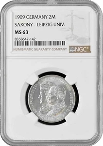 Saxony 2 mark 1909, NGC MS63, "500th Anniversary - Leipzig University" - Picture 1 of 2