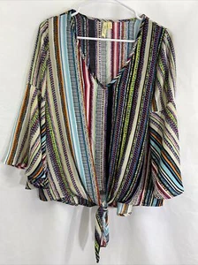 Chenault szM multi color Stripe Bell Sleeve Blouse high low hem tie waist Boho - Picture 1 of 10
