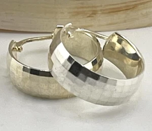 925 Sterling Silver Disco Faceted Cut Shining Wide Hoop Pierced Earrings - Picture 1 of 4