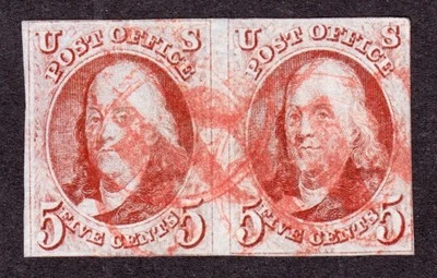 US 1b 5c Franklin Used Orange-Brown Pair w/ Numeral '10' Cancels SCV $2100 - Image 1 of 2