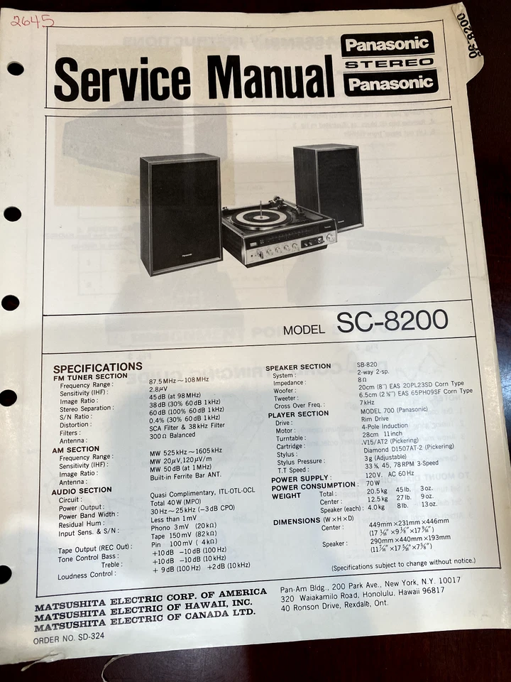 Manual de servicio Panasonic SC-8200 SC8200 DE EE. UU. **ORIGINAL** Foto 1 de 1