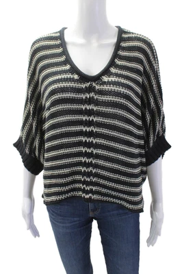Wooden Ships Women V-Neck Striped Pullover Sweater Black Cotton Blend Size M - Image 1 of 4