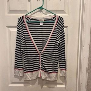 SO Cardigan Sweater Juniors L Navy Striped Button Down Long Sleeve Pink Trim y2k - Picture 1 of 5