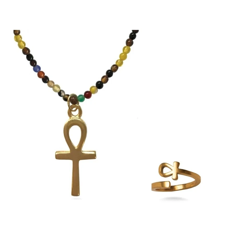Dije Ankh enchapado en oro amarillo y collar de cuentas de ágata con anillo Ankh Foto 1 de 4