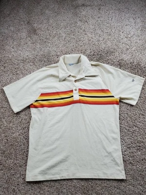 Vintage Ocean Pacific Polo Shirt Mens Medium Cream Striped Point Collar OP 70s - Image 1 of 4