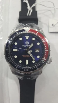 Deep Blue 41mm Pro Sea Diver 200 Quartz Silicone Strap Watch Blue Red - Image 1 of 4