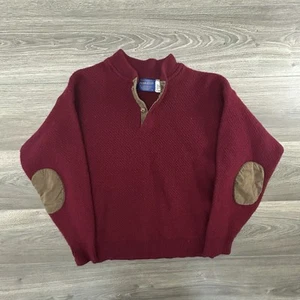Vintage Pendleton Henley Sweater Mens Small Leather Elbow Patch Wool Burgundy - Picture 1 of 4