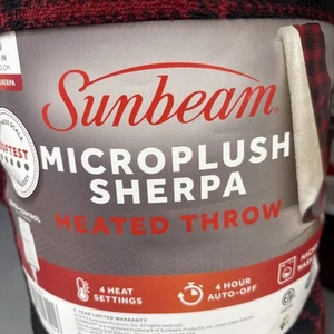 SUNBEAM MICROPLUSH SHERPA HEATED THROW 50" X 60" RED & BLACK NEW - Picture 1 of 1