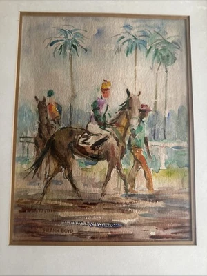 Original Watercolor By Frank Boyd Horse Racing Hialeah  Race Track Florida - Image 1 of 4
