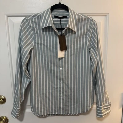 全新带标签 Jenni Kayne 经典衬衫复古蓝色条纹棉质 XXS $195 — 第 1/4 张图片