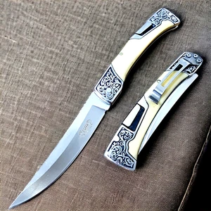 9" CLASSIC TAN Color ENGRAVED HANDLE FOLDING OPEN BLADE POCKET KNIFE 7CR13 STEEL - Picture 1 of 6