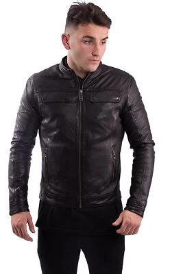 Nueva Chaqueta de Cuero de Piel de Cordero para Hombre Negra Calce Ajustado Motociclista Motocicleta Chaqueta Foto 1 de 4
