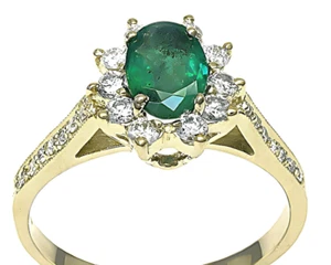 Anillo colombiano de oro amarillo de 18k ovalado esmeralda y diamantes; delicado - Imagen 1 de 8