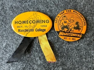 Zwei Vintage 1950er Manchester College Indiana Football Heimkehr Pinback Buttons - Bild 1 von 24