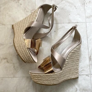 Burberry Made in Italy Satin Rosegold Leather Bow Espadrilles Sandals size 9/39 - Picture 1 of 14