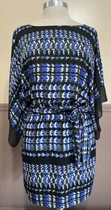 BCBG MaxAzria Lois Scarf Dress XS Womans Kimono Sleeve Blue Tie Waist Geometric - Picture 1 of 10