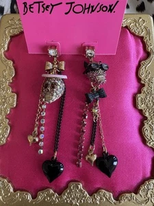 Betsey Johnson Vintage A&D Engel Teufel Kristall Totenkopf Mismatch Herz Ohrringe - Bild 1 von 3