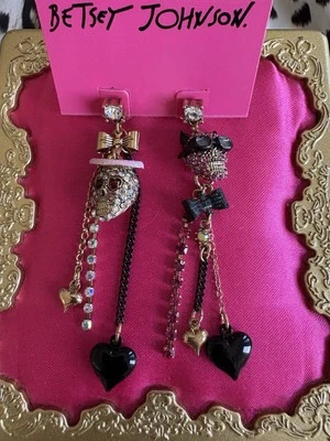 Betsey Johnson Vintage A&D Angel Devil Crystal Skull Mismatch Heart Earrings - Image 1 of 3
