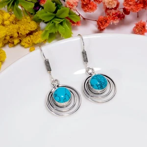 Tibetan Turquoise Gemstone Handmade 925 Sterling Silver Earrings 1.5" b160 - Picture 1 of 6