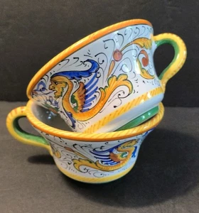 Maioliche Deruta PAIR Large Mug / Bowl Raffaellesco Dragon Yellow 5.25" diam - Picture 1 of 11