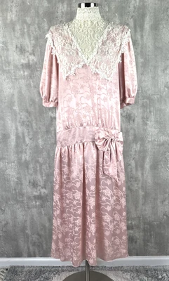 VTG 80s Pink Jessica McClintock Drop Waist Lace Jacquard Dress Lace S/M - Image 1 of 4