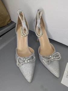 Zzheels Size 9.5 Double Bow Silver Glitter 3.5" Heel High Pump Pointed Toe - Picture 1 of 6