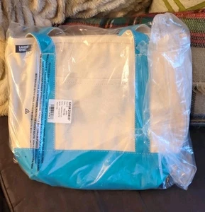 Lands' End kleine natürliche Canvas-Einkaufstasche mit Reißverschluss oben, natur/inseltürkis, neu - Bild 1 von 11